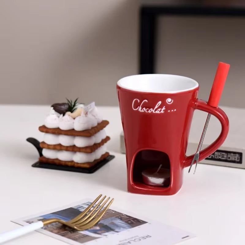 130ML European Candle Cup Cheese Chocolate Melting Ceramic Mug Heating Food Ceramic Mug with Fork Creative Coffee Mug Tableware