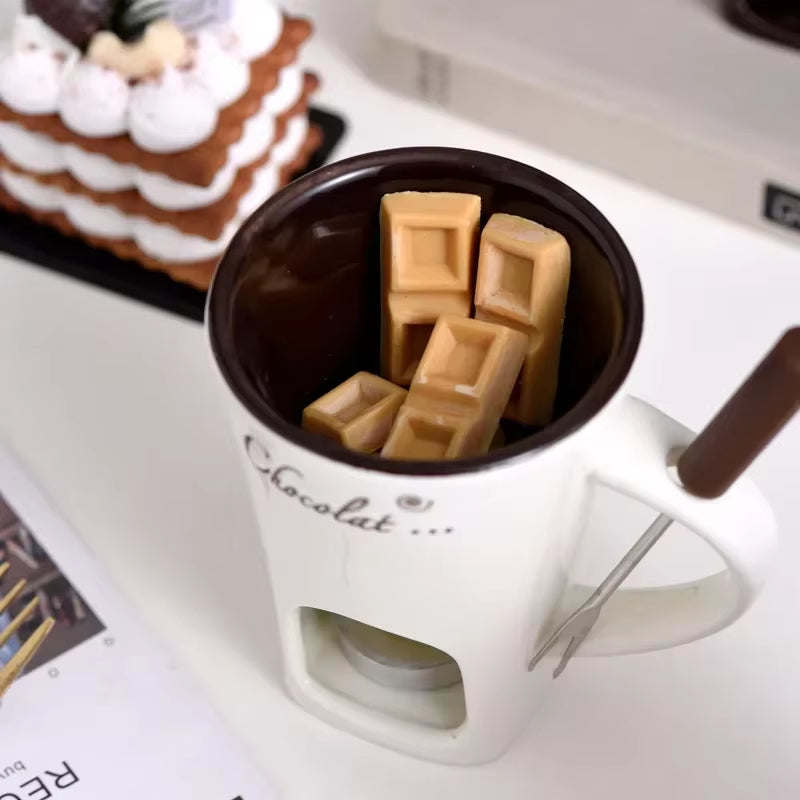 130ML European Candle Cup Cheese Chocolate Melting Ceramic Mug Heating Food Ceramic Mug with Fork Creative Coffee Mug Tableware